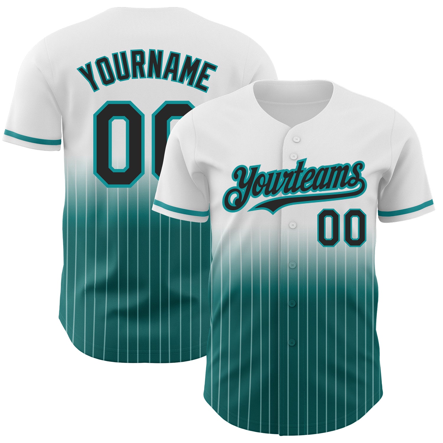 Custom Name and Number Baseball Jersey in White Pinstripe Black-Teal Authentic Fade Design Personalized White Pinstripe Black-Teal