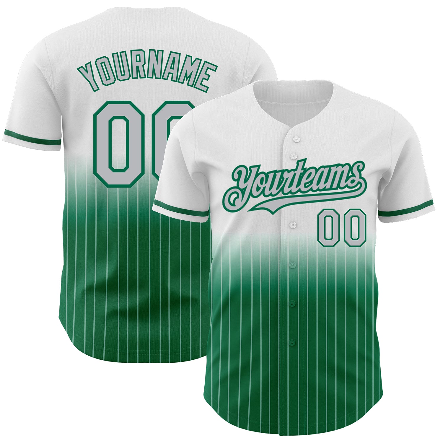 Personalized Gray-Kelly Green Baseball Jersey with Custom Name and Number - Authentic Fade White Pinstripe Fashion Jersey