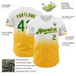 Custom Name and Number Personalized Authentic Fade Baseball Jersey in White Pinstripe Kelly Green-Gold Design Personalized