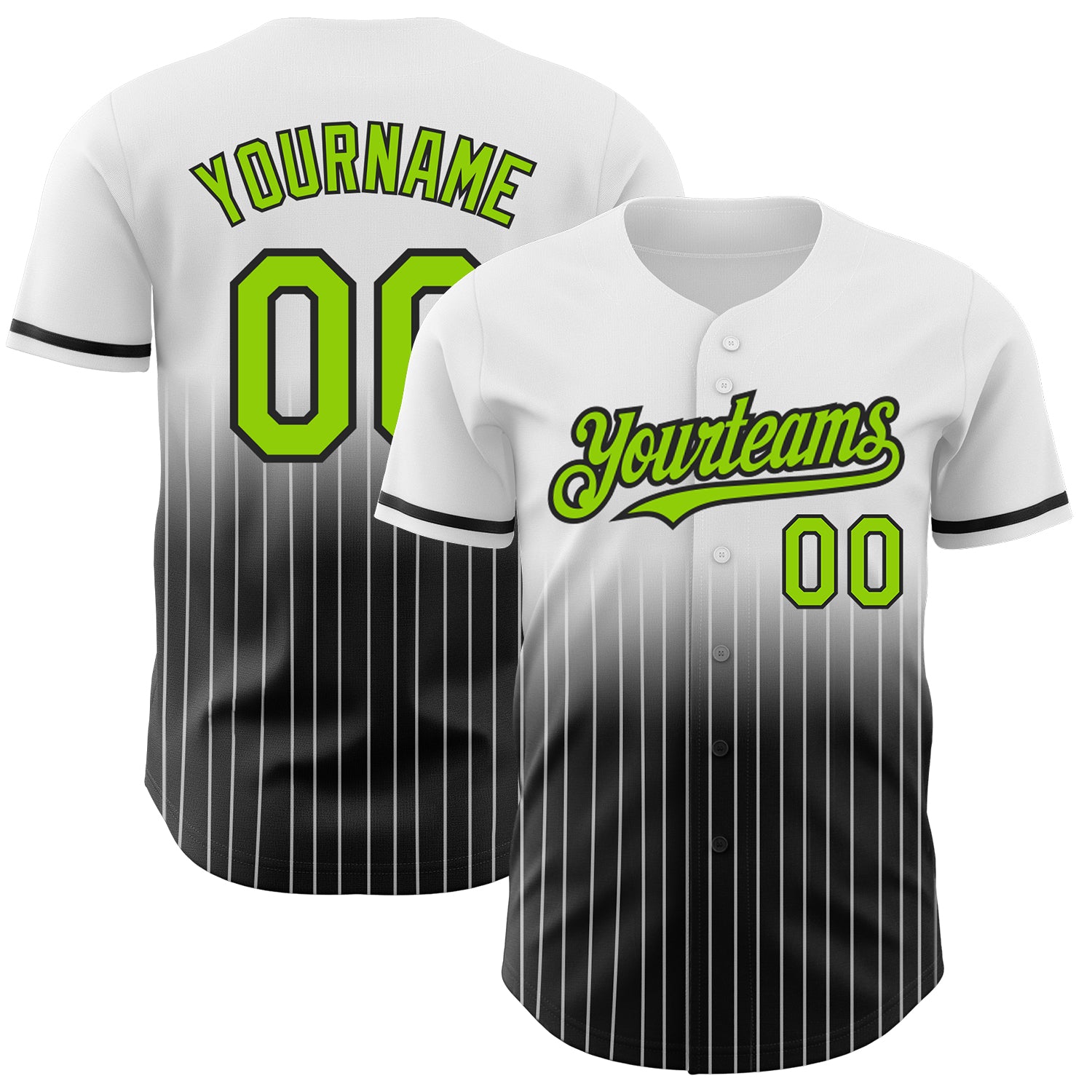 Custom Neon Green Black Pinstripe Baseball Jersey with Personalized Name and Number - Authentic Fade Design Personalized