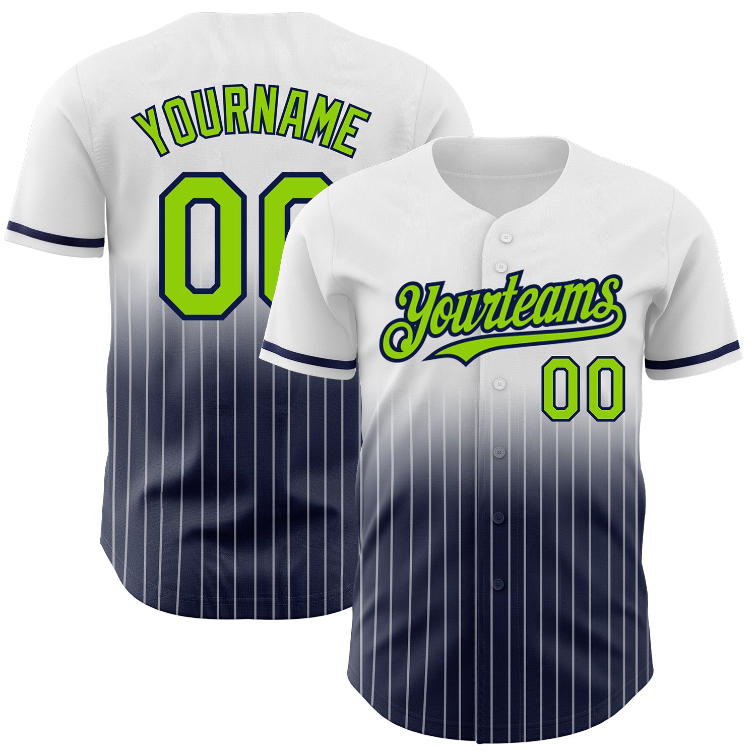 Personalized Neon Green Navy Baseball Jersey with Custom Name Number - White Pinstripe Authentic Fade Fashion Personalized