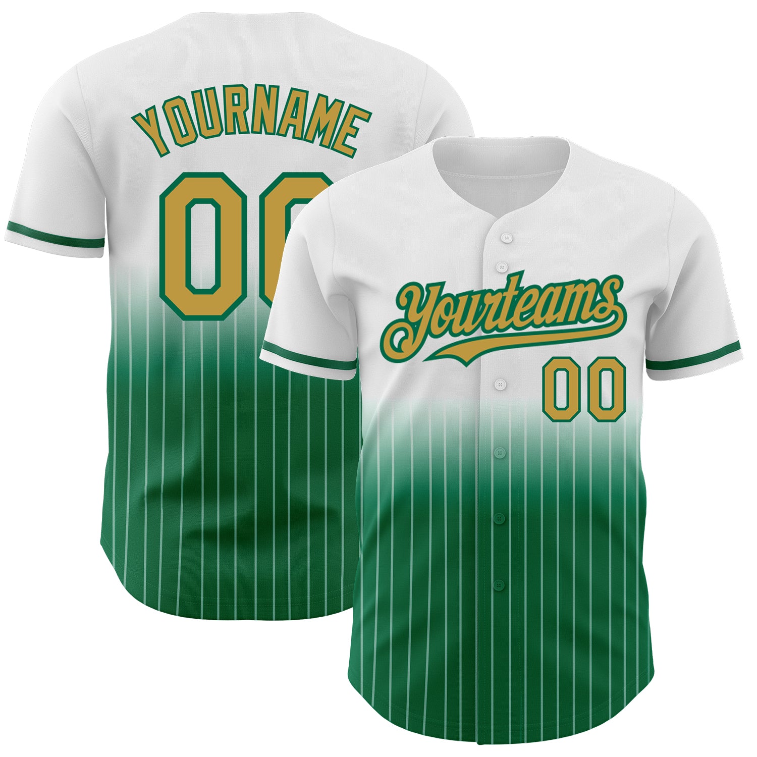 Custom Name Number Authentic Baseball Jersey in White Pinstripe Old Gold-Kelly Green Fade Design Personalized White Pinstripe