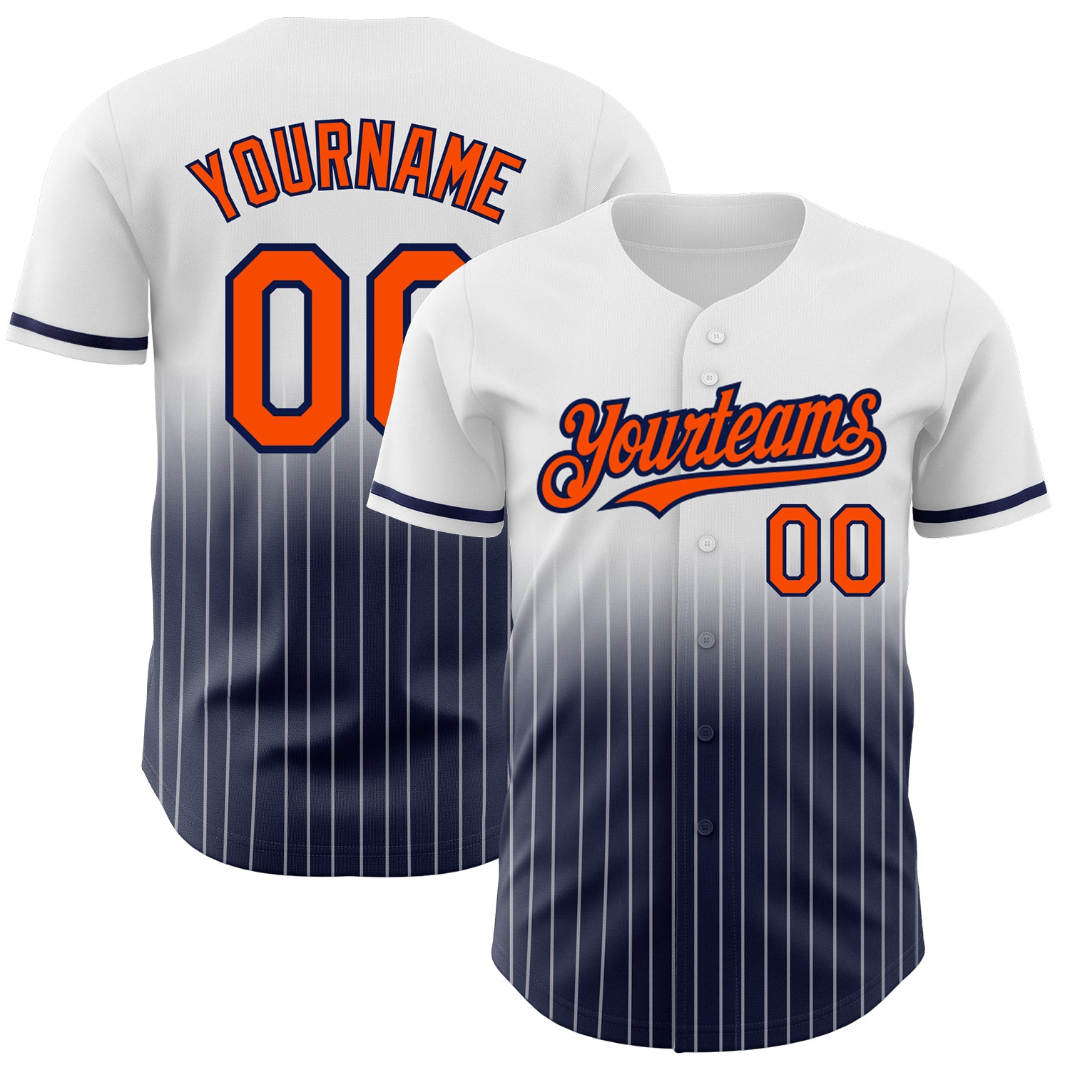 Custom Orange-Navy Pinstripe Baseball Jersey with Personalized Name and Number - Authentic Fade Design Personalized White