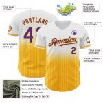 Custom purple, gold and white pinstripe baseball jersey, side view