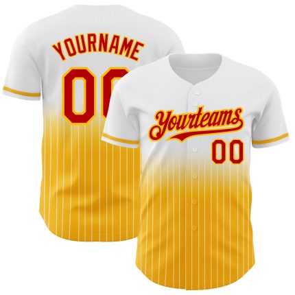 Custom Name and Number Personalized White Pinstripe Red Gold Baseball Jersey - Authentic Fade Fashion Design Personalized