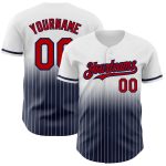 Custom Red Navy Personalized Baseball Jersey with Pinstripe Design - Authentic Fade Team Name and Number Personalized White