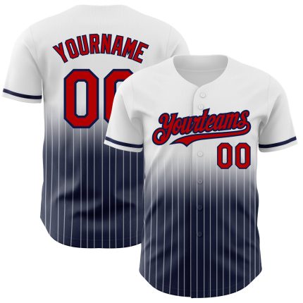 Custom Red Navy Personalized Baseball Jersey with Pinstripe Design - Authentic Fade Team Name and Number Personalized White