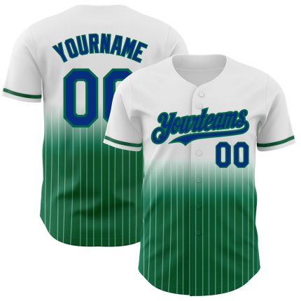 Custom Baseball Jersey with Name & Number - Personalized White Pinstripe Royal-Kelly Green Authentic Fade Design Personalized