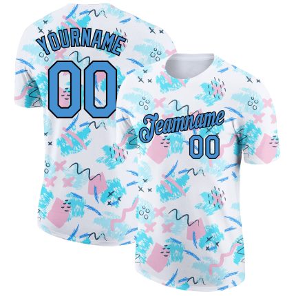 Custom Name and Number Performance T-Shirt - Personalized 3D Abstract Doodle Design in White, Powder Blue, and Black Personalized