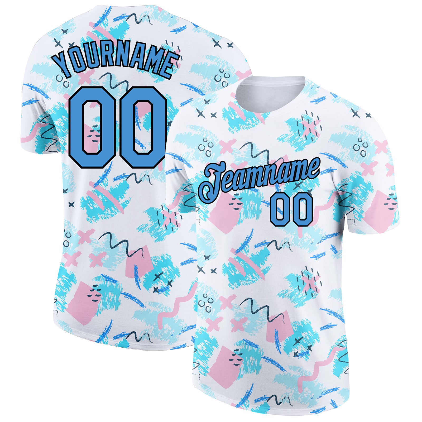 Custom Name and Number Performance T-Shirt - Personalized 3D Abstract Doodle Design in White, Powder Blue, and Black Personalized