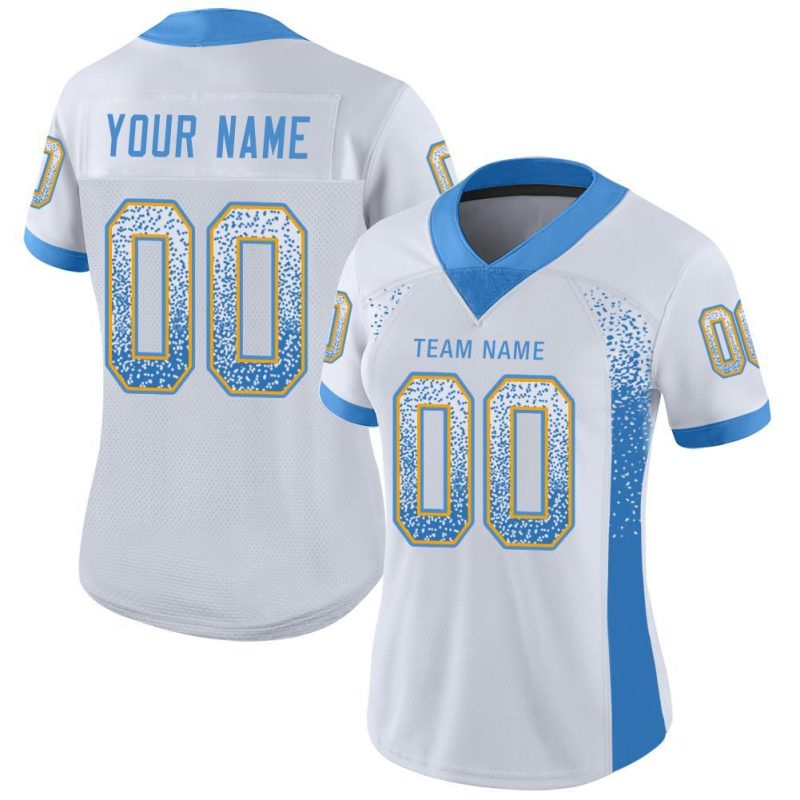 Custom Mesh Drift Fashion Football Jersey - Personalized White Powder Blue-Gold with Custom Name and Number Personalized