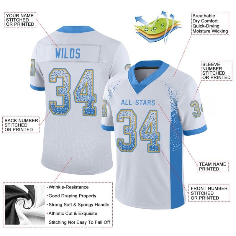 Custom Mesh Drift Fashion Football Jersey - Personalized White Powder Blue-Gold with Custom Name and Number Personalized