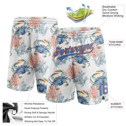 Custom Name and Number Authentic Basketball Shorts with 3D Coral and Crab Pattern in White Powder Blue-Orange Personalized