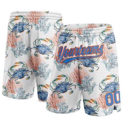Custom Name and Number Authentic Basketball Shorts with 3D Coral and Crab Pattern in White Powder Blue-Orange Personalized