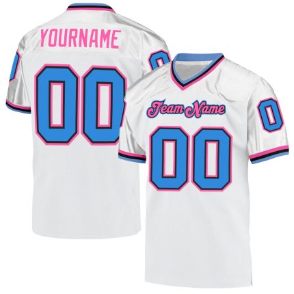 Custom Authentic Football Jersey for Team - Personalized White Powder Blue-Pink Mesh with Name and Number Personalized White