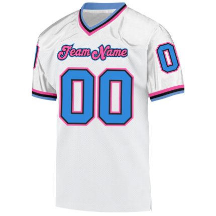Custom Authentic Football Jersey for Team - Personalized White Powder Blue-Pink Mesh with Name and Number Personalized White