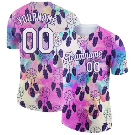Custom Name and Number Dreamcatcher T-Shirt with 3D Feather Design in White and Purple - Performance Apparel Personalized