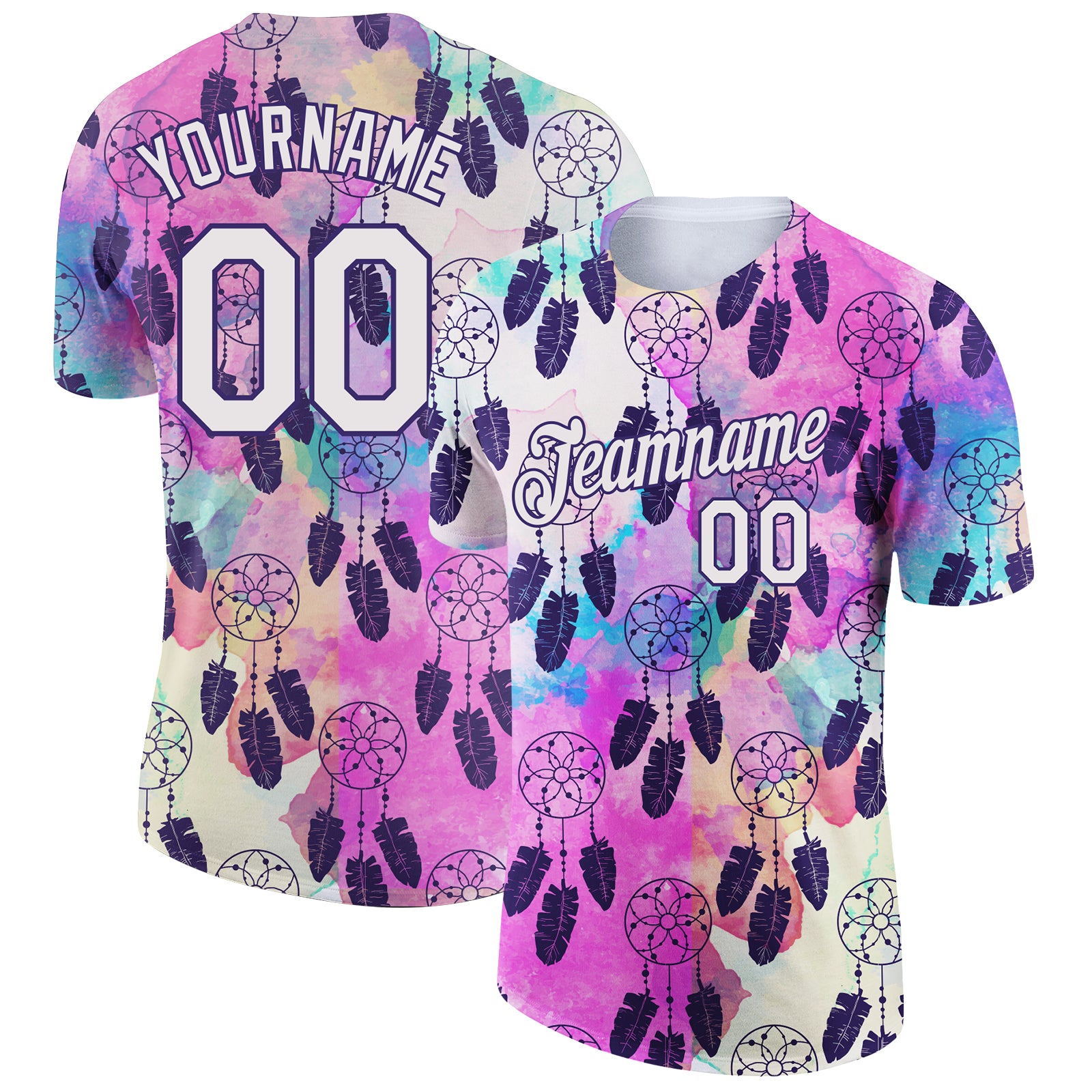 Custom Name and Number Dreamcatcher T-Shirt with 3D Feather Design in White and Purple - Performance Apparel Personalized