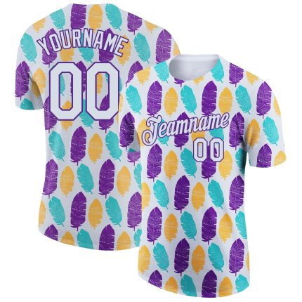 Custom Name and Number 3D Pattern Design Feather Performance T-Shirt - White Purple Team Apparel Personalized White Purple