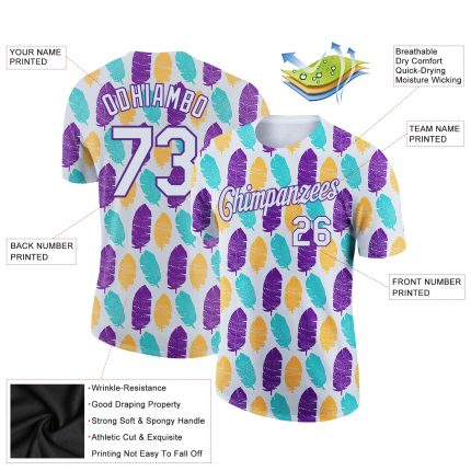 Custom Name and Number 3D Pattern Design Feather Performance T-Shirt - White Purple Team Apparel Personalized White Purple