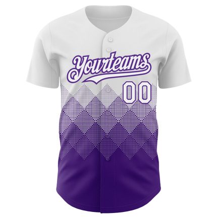 Custom Name and Number Baseball Jersey with 3D Gradient Square Shapes in White and Purple - Personalized Sports Apparel Personalized