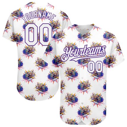 Custom Name and Number 3D Pattern Design Growling Lion Baseball Jersey - Personalized White Purple Team Apparel Personalized