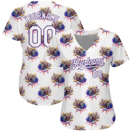 Custom Name and Number 3D Pattern Design Growling Lion Baseball Jersey - Personalized White Purple Team Apparel Personalized