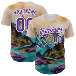 Personalized Mountains Landscape 3D Pattern Baseball Jersey in White & Purple Personalized White Purple 3D Pattern Design