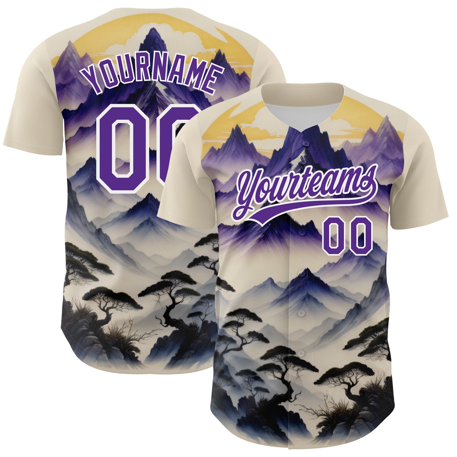 Custom Name Number Baseball Jersey Mountains Landscape 3D Pattern Design White Purple Authentic Team Personalized White Purple