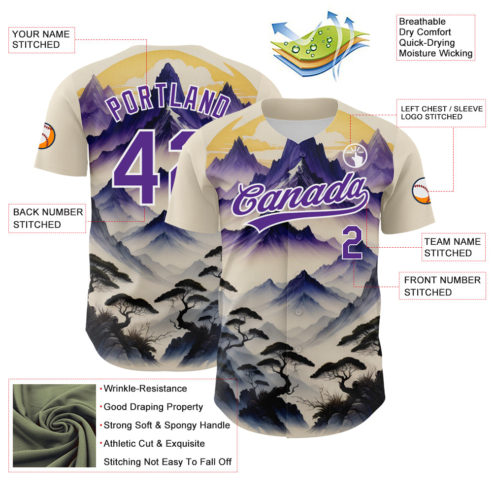 Personalized White Purple 3D Pattern Design Mountains Landscape Authentic Baseball Jersey Team Custom Name and Number Custom Name Number Baseball Jersey Mountains Landscape 3D Pattern Design White Purple Authentic Team Personalized White Purple - Image 3