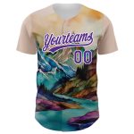 Personalized Mountains Landscape 3D Pattern Baseball Jersey in White & Purple Personalized White Purple 3D Pattern Design