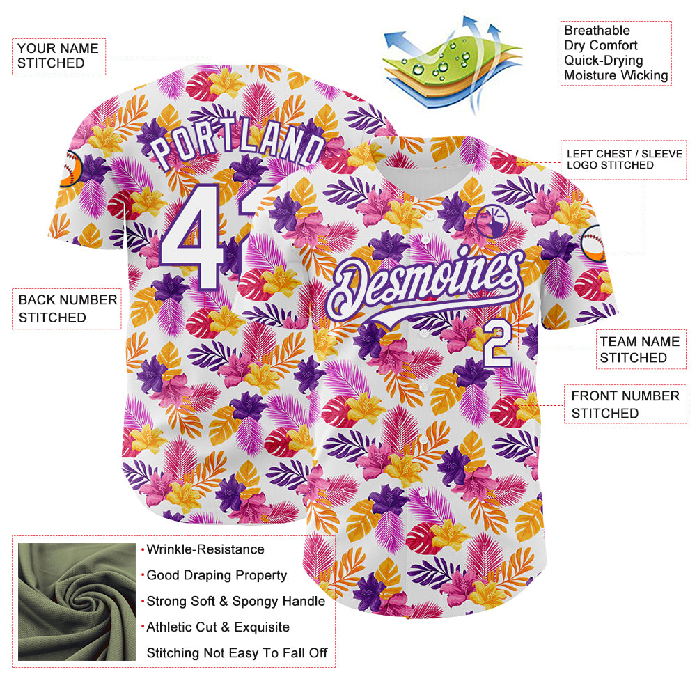Personalized White Purple 3D Pattern Design Tropical Flower And Hawaii Palm Leaves Authentic Baseball Jersey Team Custom Name and Number Personalized Tropical Flower and Hawaii Palm Leaves Baseball Jersey - Custom Name and Number, 3D White Purple Design Personalized - Image 3