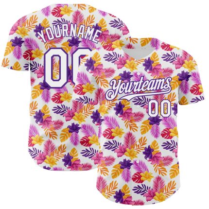 Personalized Tropical Flower and Hawaii Palm Leaves Baseball Jersey - Custom Name and Number, 3D White Purple Design Personalized
