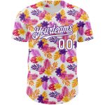 Personalized Tropical Flower and Hawaii Palm Leaves Baseball Jersey - Custom Name and Number, 3D White Purple Design Personalized