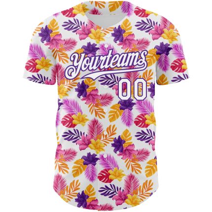 Personalized Tropical Flower and Hawaii Palm Leaves Baseball Jersey - Custom Name and Number, 3D White Purple Design Personalized