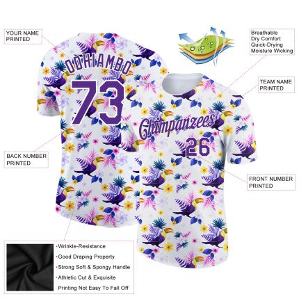 Custom Tropical Hawaii Flower Performance T-Shirt with Bird, Personalized Purple 3D Pattern, Team Name & Number Personalized