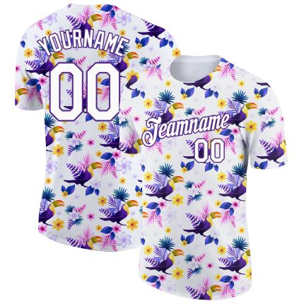 Custom Tropical Hawaii Flower Performance T-Shirt with Bird, Personalized Purple 3D Pattern, Team Name & Number Personalized
