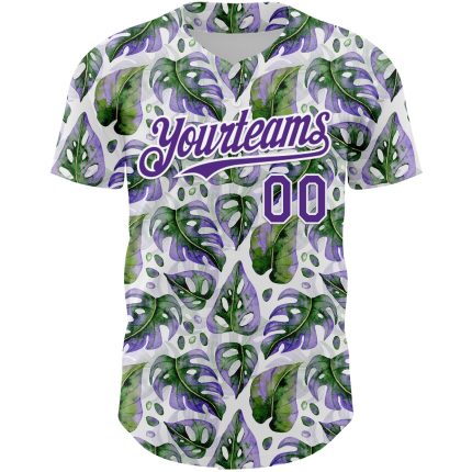 Custom Monstera Baseball Jersey with Name and Number - Personalized 3D Tropical Purple and White Design Personalized White
