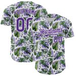 Custom Monstera Baseball Jersey with Name and Number - Personalized 3D Tropical Purple and White Design Personalized White