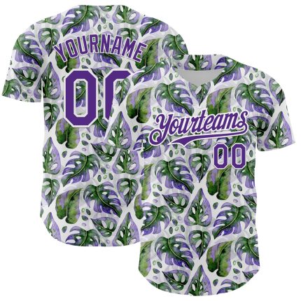 Custom Monstera Baseball Jersey with Name and Number - Personalized 3D Tropical Purple and White Design Personalized White