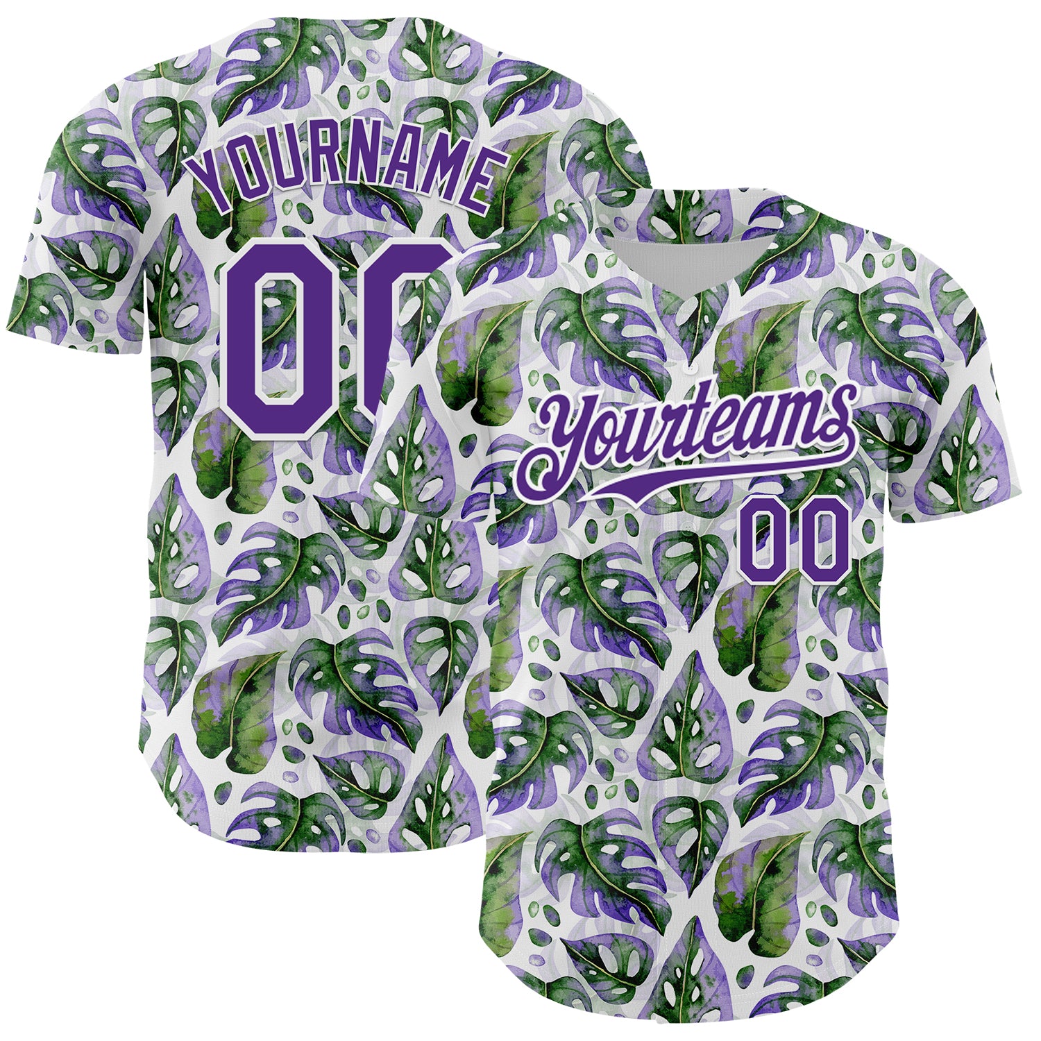 Custom Monstera Baseball Jersey with Name and Number - Personalized 3D Tropical Purple and White Design Personalized White