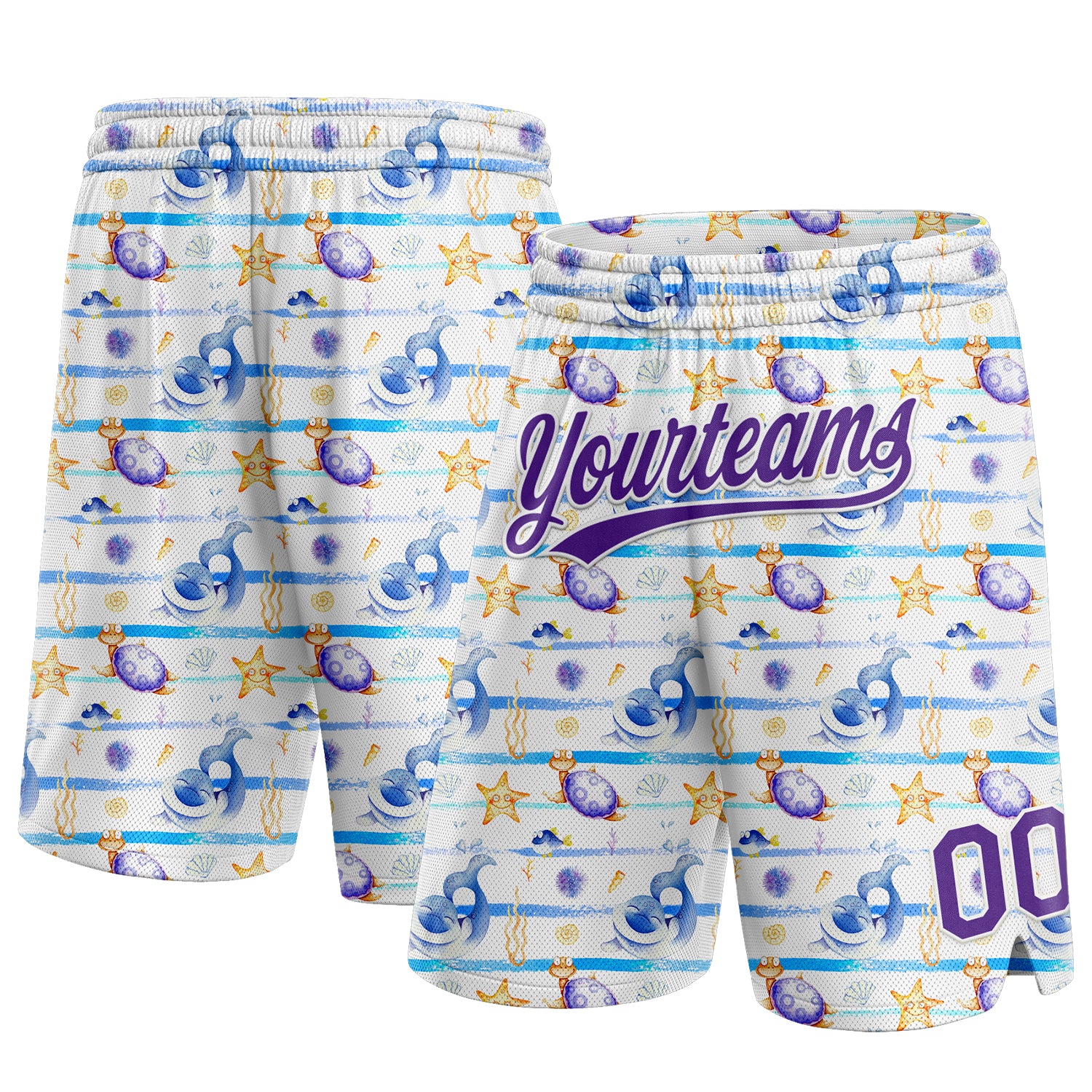 Custom Name Number Basketball Shorts 3D Starfish Sea Wave Pattern White Purple Authentic Design Personalized White Purple