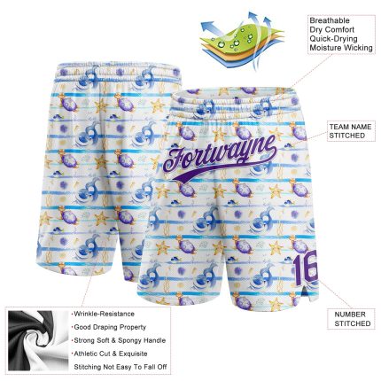 Custom Name Number Basketball Shorts 3D Starfish Sea Wave Pattern White Purple Authentic Design Personalized White Purple