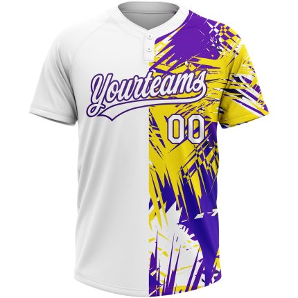 Custom Name Number Tropical Palm Leaves Unisex Softball Jersey - Personalized White Purple 3D Pattern Two-Button Design Personalized