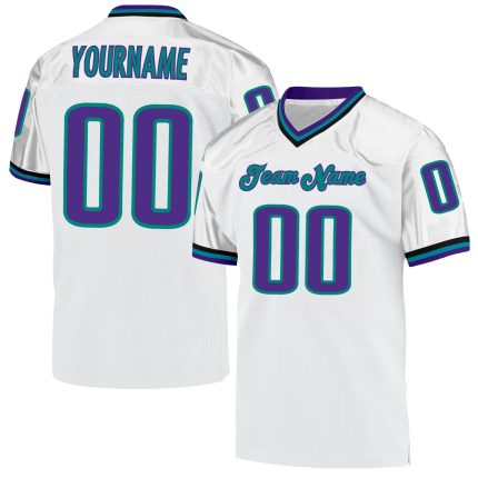 Personalized Custom Name and Number Throwback Football Jersey in White Purple Aqua Mesh Personalized White Purple-Aqua Mesh