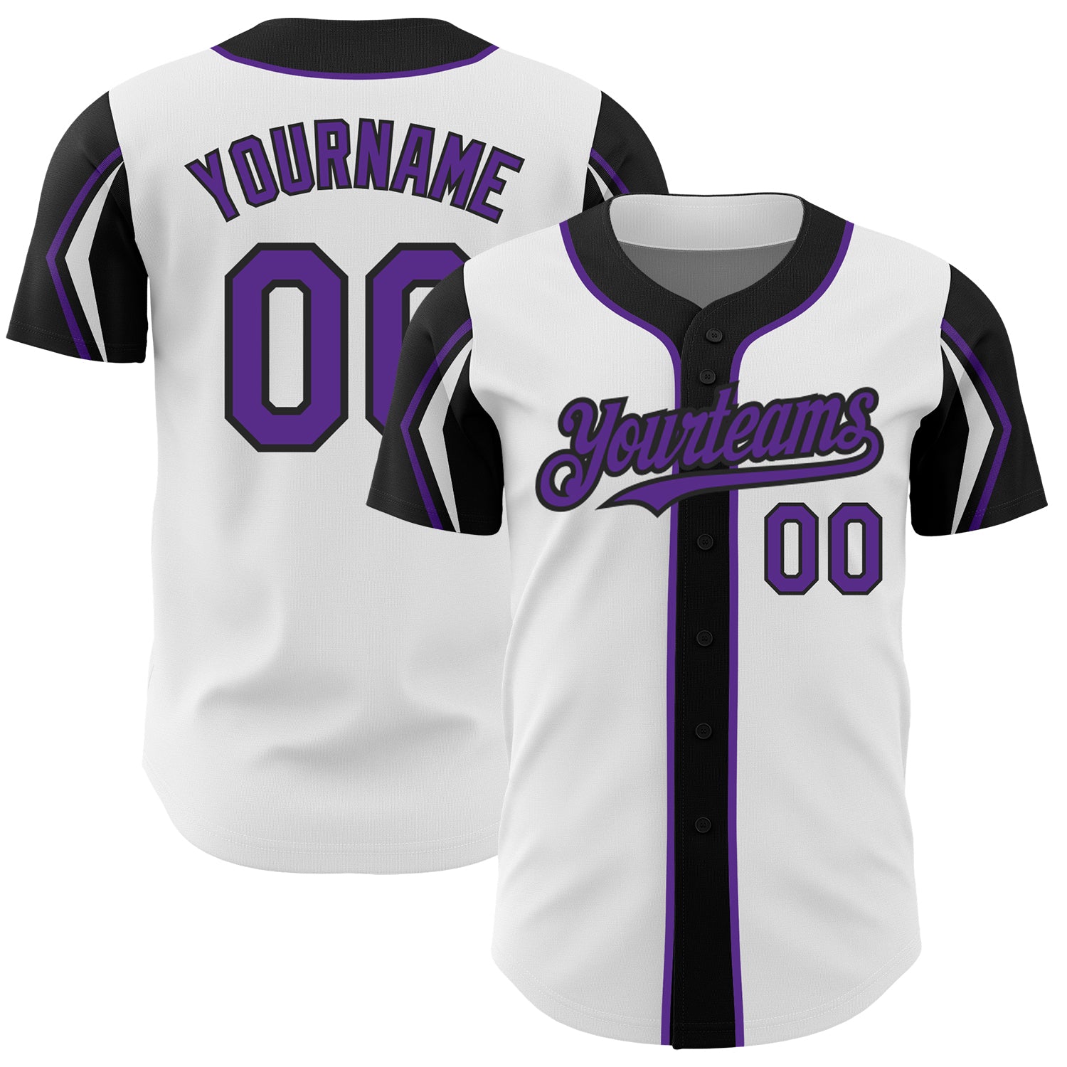 Custom Name and Number Baseball Jersey in White, Purple, and Black - Personalized 3 Color Arm Shapes Personalized White Purple-Black