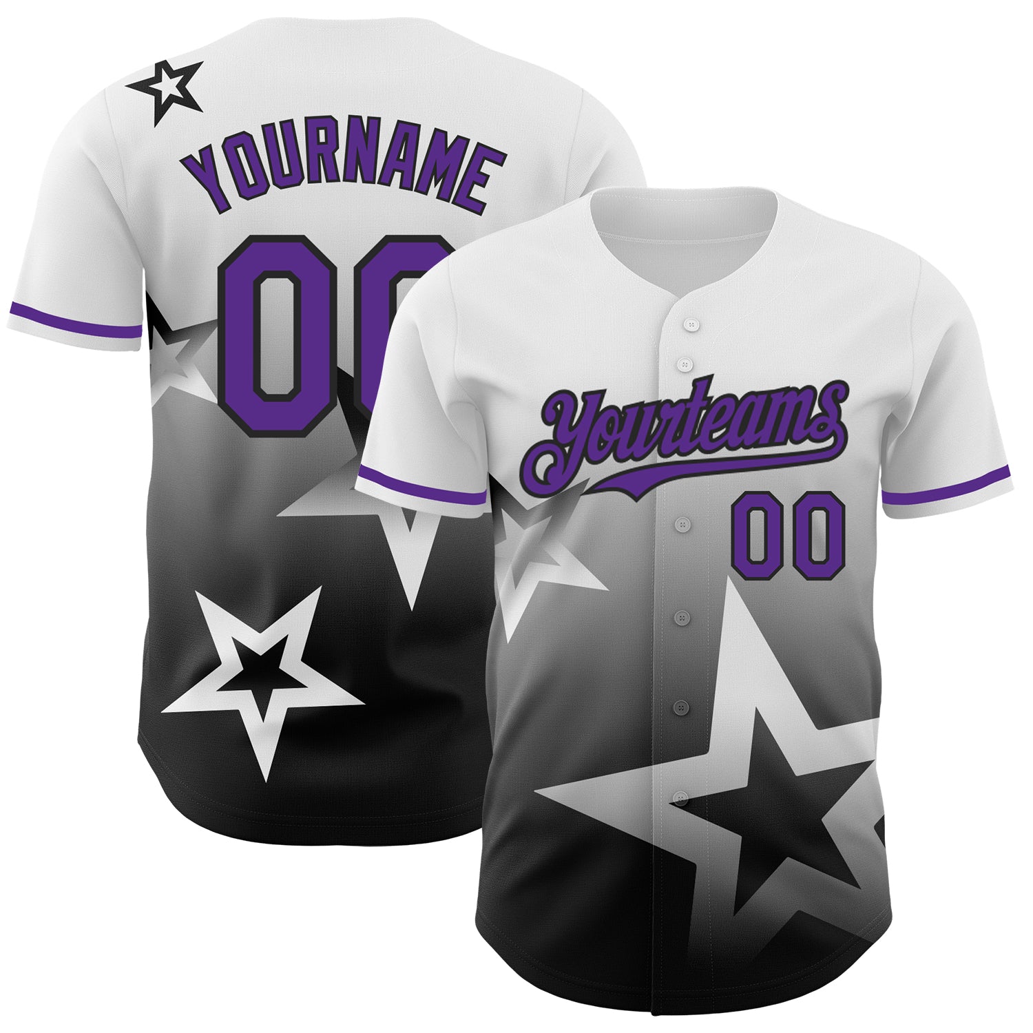 Custom Gradient 3D Pattern Baseball Jersey with Twinkle Star Design - Personalized White, Purple, Black, Custom Name & Number