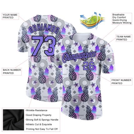 Custom Pineapple Performance T-Shirt with Name and Number, 3D White Purple-Black Design for Summer Holiday Team Wear Personalized