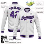 Custom Name and Number Bomber Jacket - Personalized White Purple Black Varsity Full-Snap Letterman Jacket Personalized White