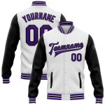 Personalized Two Tone Varsity Letterman Bomber Jacket in White Purple Black Full-Snap Personalized White Purple-Black Bomber